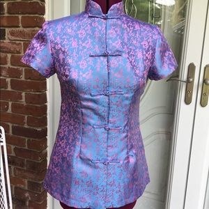 Shanghai Brand 100% Silk Mandarin Collar Blouse Blue With Pink Design EUC